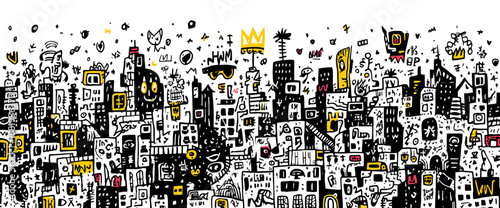 Panoramic graffiti-style cityscape illustration with abstract black and yellow doodles crowns and expressive characters.