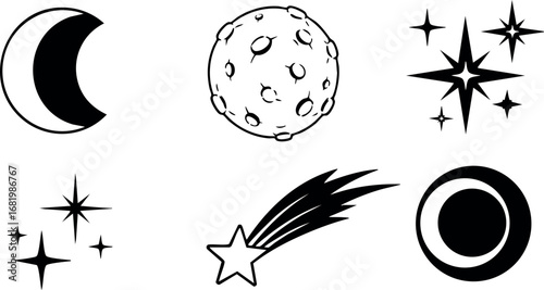 Crescent moon, full moon, stars, and comet vector set in black and white simple style 