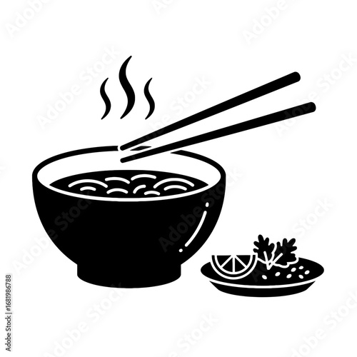 Hot ramen or pho noodle soup bowl with chopsticks and smoke flat vector icon for food apps and websites