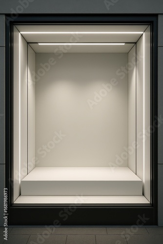 Contemporary window display mockup with clean glass surfaces for retail product showcase and commercial interior design