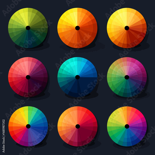 A collection of nine vibrant segmented color wheels displaying a variety of colorful gradients and palettes.