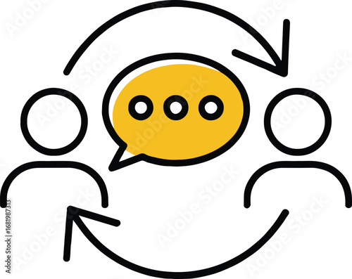 Illustration of two people exchanging information with a speech bubble in the middle, isolated on white background