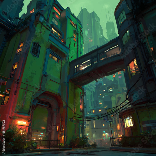 Futuristic cyberpunk cityscape with towering green buildings glowing windows and a connecting sky bridge.