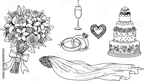 Wedding bouquet veil rings cake heart champagne glass vector illustration set 