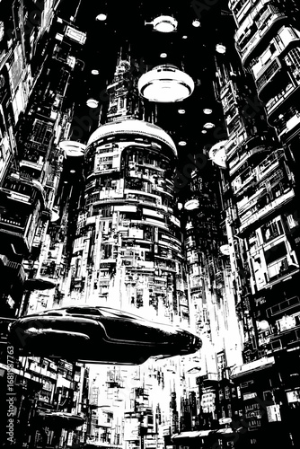 High-contrast black and white illustration of a futuristic cyberpunk city with flying vehicles and towering skyscrapers.