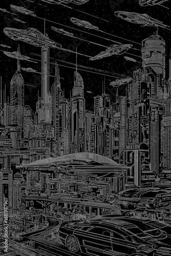 Intricate grey line art of a futuristic metropolis with towering skyscrapers and flying vehicles.