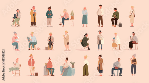 Large collection of diverse stylized people in casual poses waiting reading and using phones.