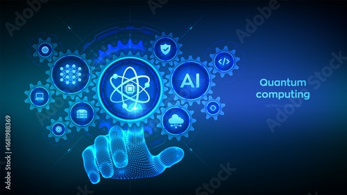 Quantum computing technology concept. Quantum qubit intelligent computing. Quantum technology. Data analytics. Hand touching digital interface with interconnected gears and icons. Vector illustration.