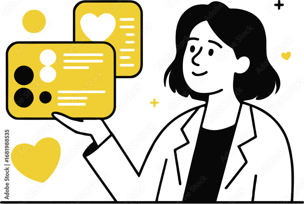 Naklejka premium Illustration of a doctor presenting online consultation service, isolated on white background, representing digital healthcare, communication, and social media with heart icons