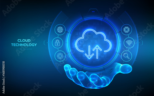 Cloud computing service. Cloud icon in wireframe hand. Cloud services technology concept. Database storage, Data center. Upload download app. Backup and synchronization data. Vector illustration.