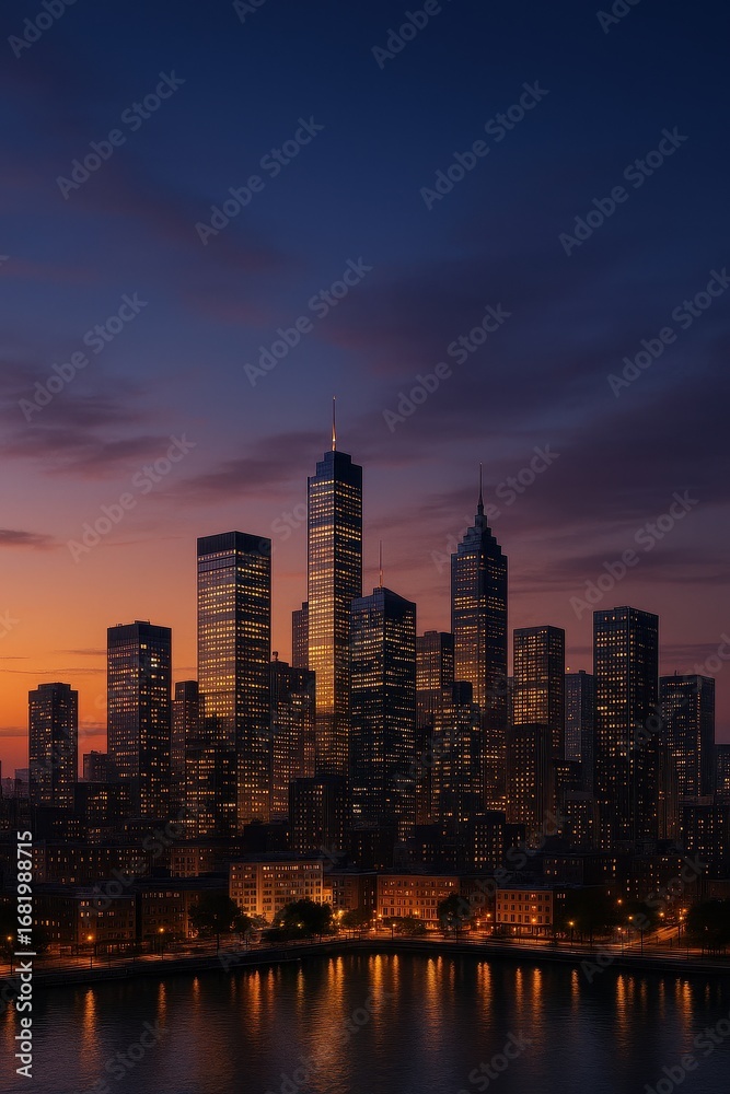 Fototapeta premium Metropolitan skyline silhouette with illuminated skyscrapers creating dynamic urban landscape for business concepts