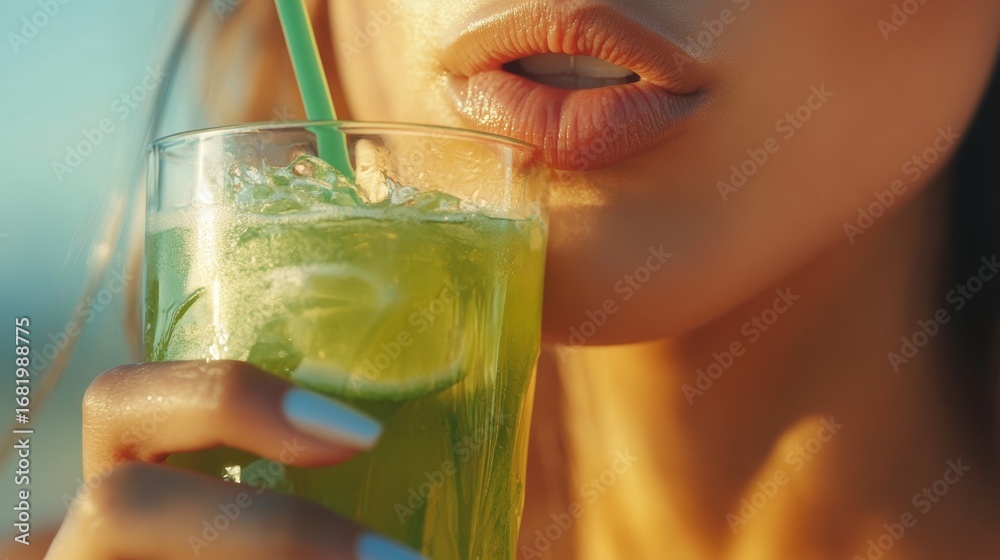 Fototapeta premium Close up of lips enjoying a refreshing green drink at a sunny summer gathering with friends