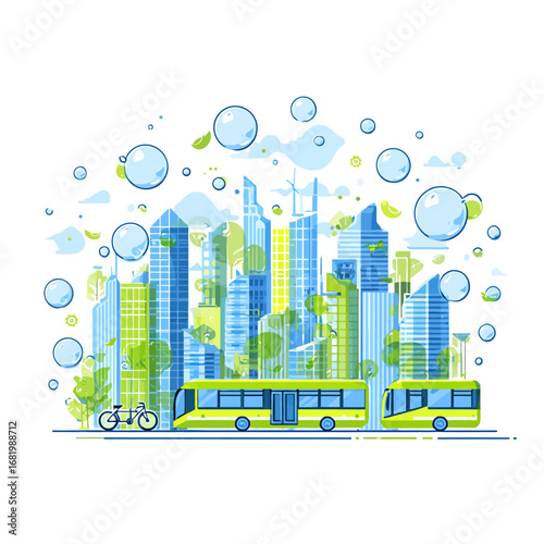 Stylized green city with eco-friendly buses modern skyscrapers and clean air bubbles.