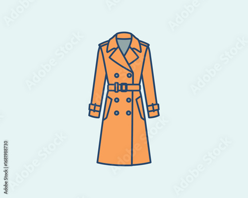 Orange trench coat illustration with a blue outline against a light blue background