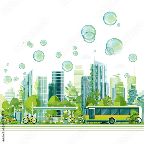 Stylized green cityscape with sustainable transport lush trees and clean air bubbles.