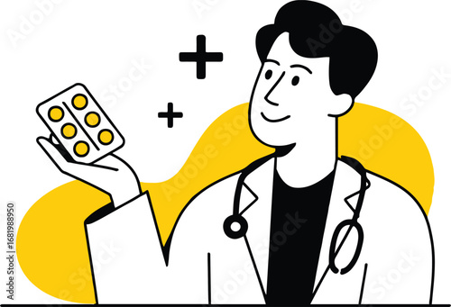 Illustration of a friendly doctor is holding a blister pack of pills, isolated on white background he is wearing a stethoscope and a white coat, he is ready to help you with your health problems
