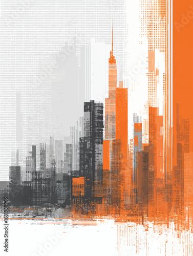 Stylized urban skyline illustration with a distressed pixelated texture in orange and grey.