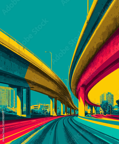 Dynamic low-angle view of curving urban highway overpasses with bold yellow red and teal graphic coloring.