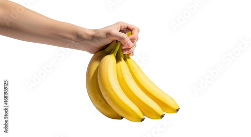 A Hand Holding a Bunch of Ripe Yellow Bananas Against a White Background PNG