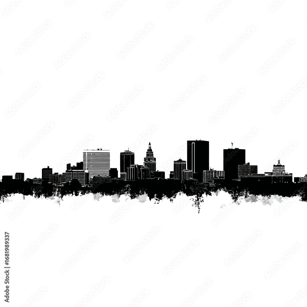 Naklejka premium Monochromatic urban skyline illustration with a detailed grungy ink-splatter effect.