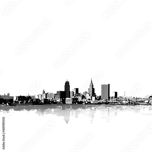 Graphic black and white ink illustration of a city skyline with a detailed water reflection.