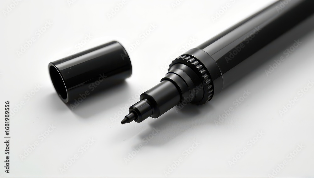 Fototapeta premium Black permanent marker lying flat, cap removed, isolated on pure white background. Ready for design or crafting projects, permanent marker, writing instrument, close up