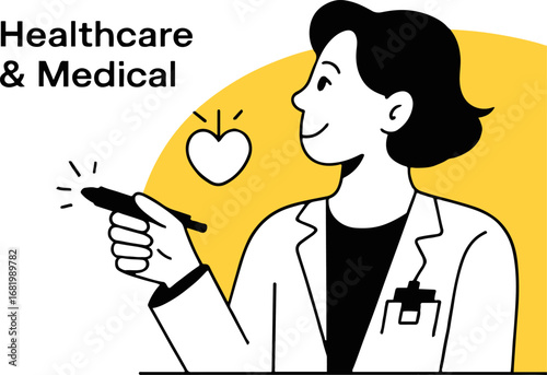 Illustration of a female doctor with a stethoscope and pen, isolated on white background, representing healthcare and medical services in a modern and minimalist style