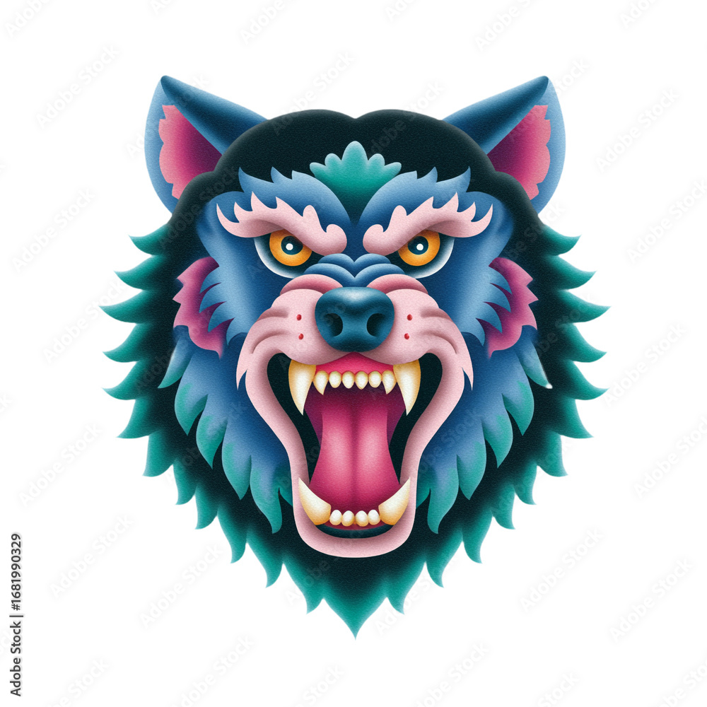 Fototapeta premium Fierce wolf head with bared teeth and striking blue teal pink color palette
