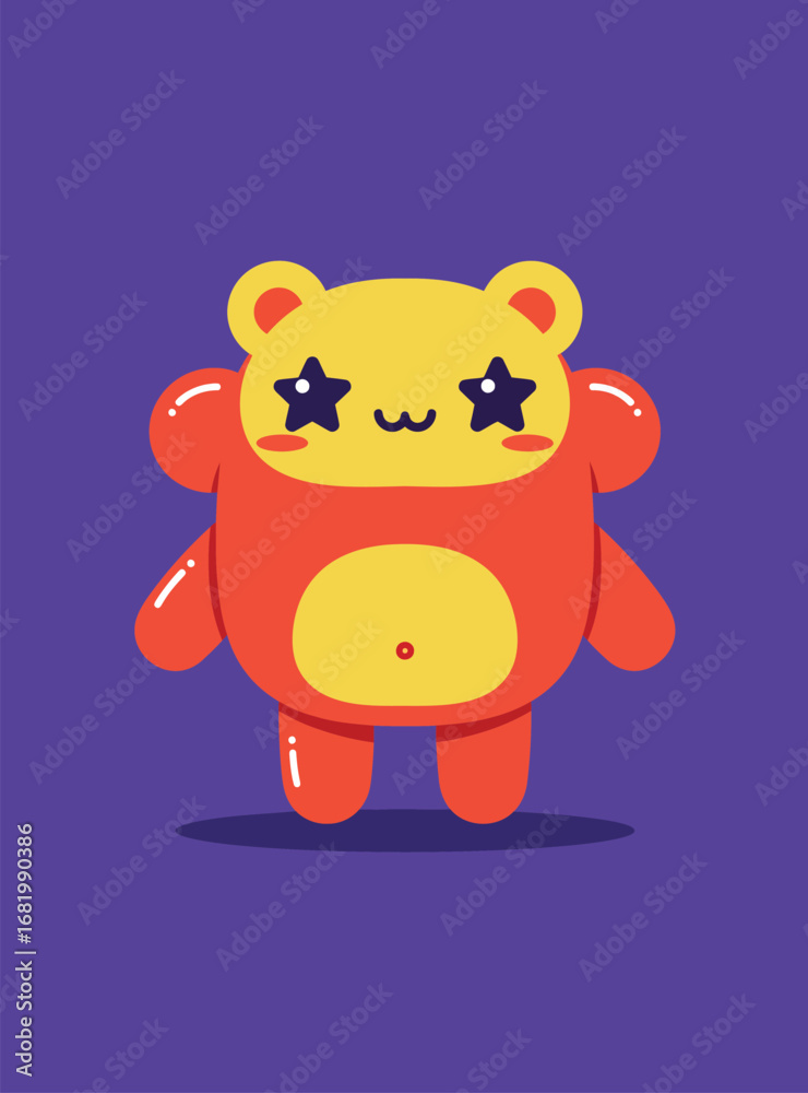 Naklejka premium Playful Red and Yellow Bear Character with Star Eyes on Purple Backdrop
