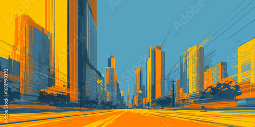 Vibrant urban cityscape illustration with bold orange and blue tones and a low-angle perspective.
