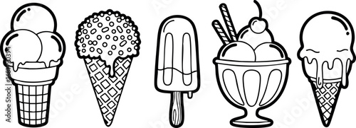 Variety of ice cream cones popsicle and sundae line art vector illustration 