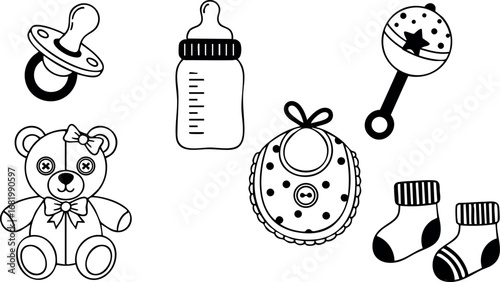Baby feeding bottle pacifier rattle bib teddy bear sock set vector illustration 