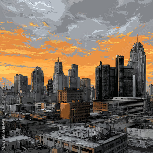 Stylized illustration of a dense city skyline with grey buildings against a vibrant orange sunset.