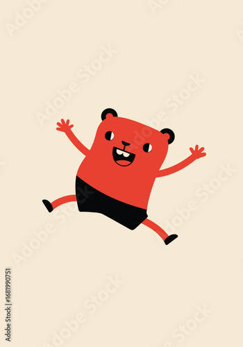 Joyful red character jumping with glee on a light cream background