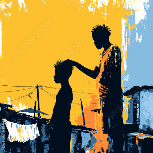 A stylized graphic illustration of two silhouetted Black youths one tenderly touching the others dreadlocked hair.