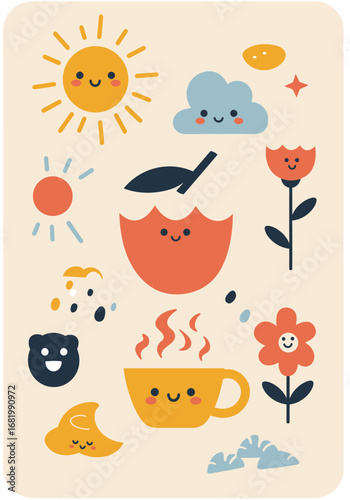 Cheerful and Playful Illustration of Smiling Sun, Cloud, and other Happy Elements