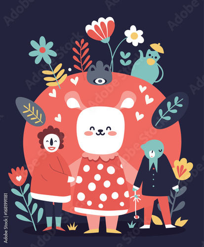 Enchanting whimsical gathering featuring stylized characters and playful floral elements