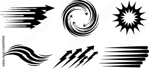 Abstract black wind and energy vector icons for speed and power design elements 