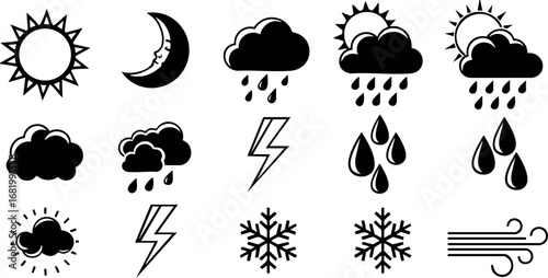 Weather Symbols Vector Set Including Sun Moon Cloud Rain Snow Lightning Wind Icons 