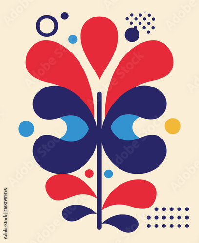 Colorful Geometric Blossom Composition on Cream Background Texture