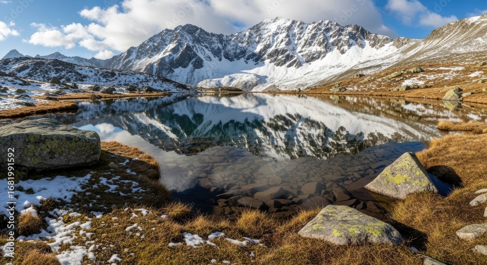 Obraz premium Snowy mountain reflections in pristine alpine lake with clear blue sky