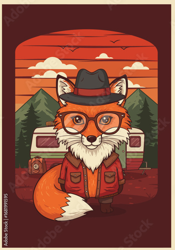 Illustration of a cartoon fox wearing a hat and glasses in a campsite scene