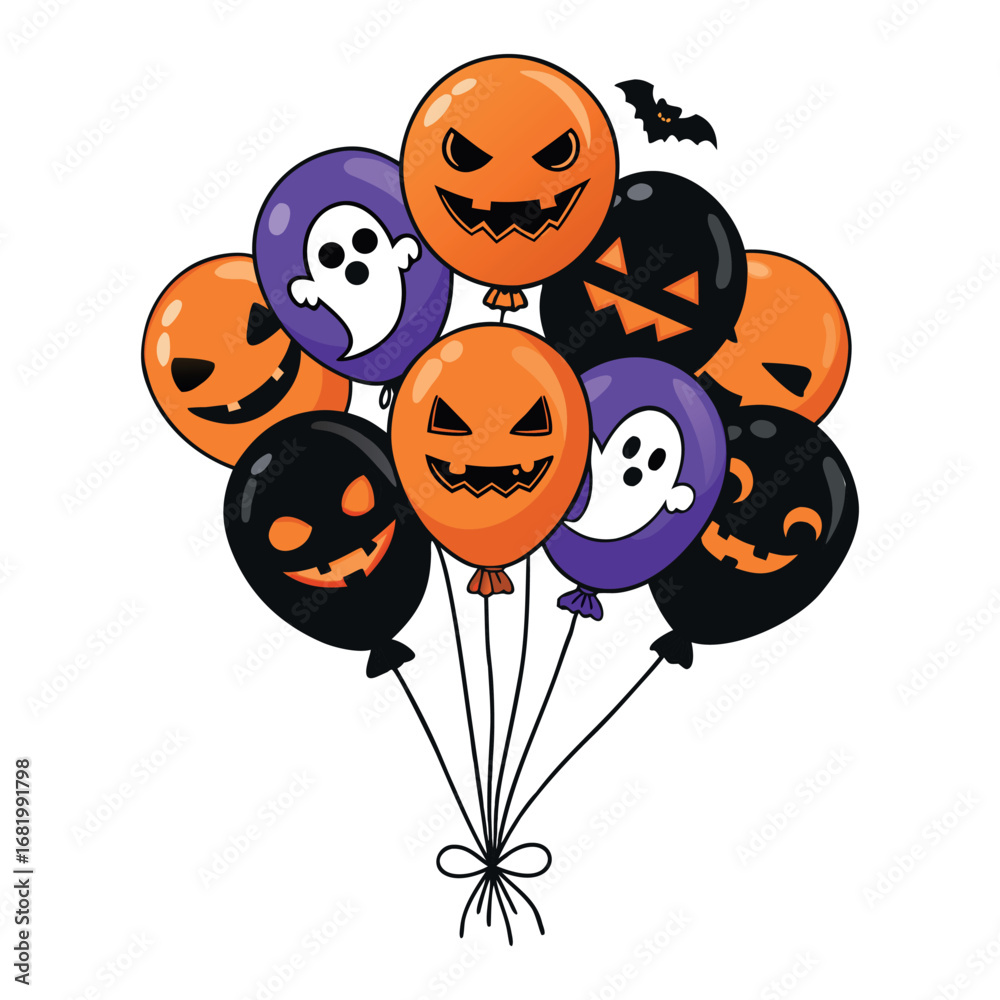 Obraz premium Colorful Halloween Balloons with Pumpkin Ghost and Bat Faces Cartoon Illustration