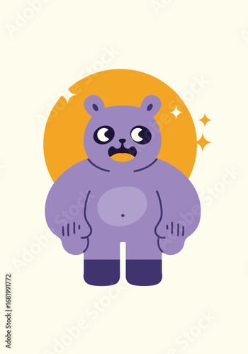 Cartoonish depiction of a startled purple bear with a golden radiant aura