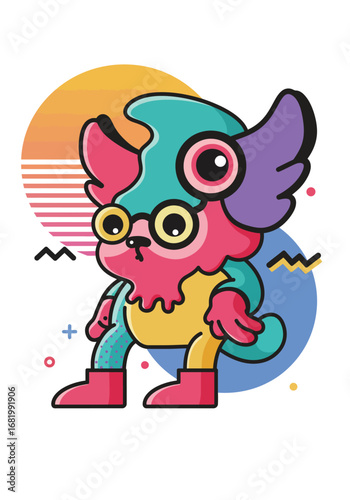 Eccentric retro creature with glasses against vibrant background