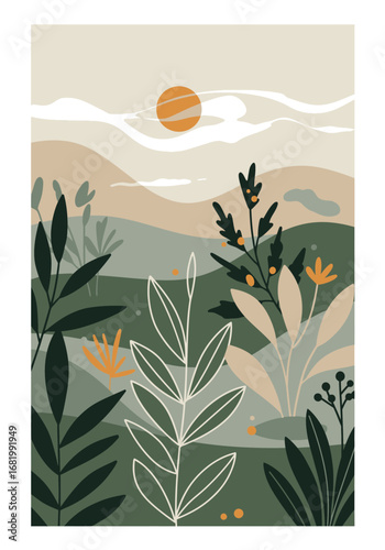 Abstract landscape with stylized plants and calming earthy color palette