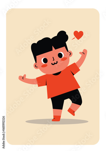 Cartoon boy with a heart spreading joy and happiness in playful pose