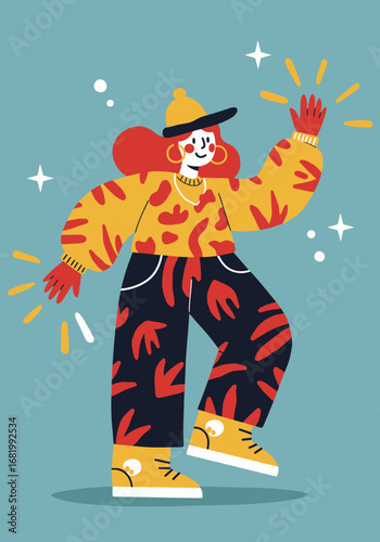 Vibrant cartoon character joyfully celebrating with sparkling energy rays