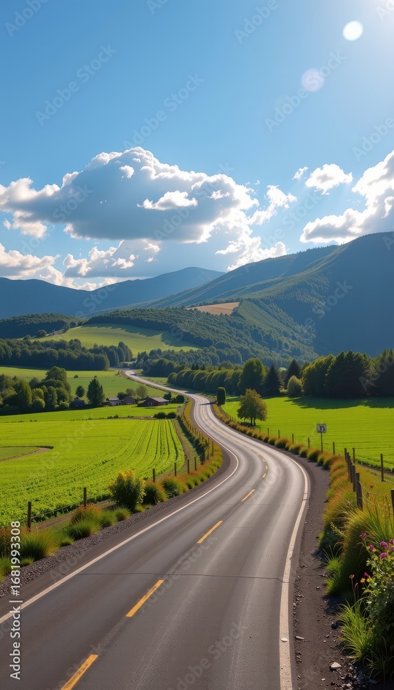 Fototapeta premium A scenic country road winds through lush green fields, sunlight illuminating a vibrant landscape, scenic, fast, hills