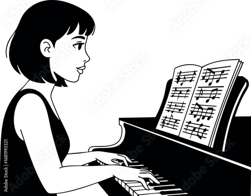 Young woman playing piano with sheet music black and white vector illustration 